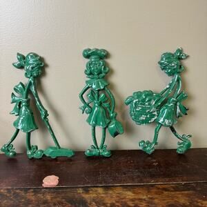 Set of 3 Vintage 1971 Sexton USA Cast‎ Iron Cleaning Ladies Green Chippy Paint